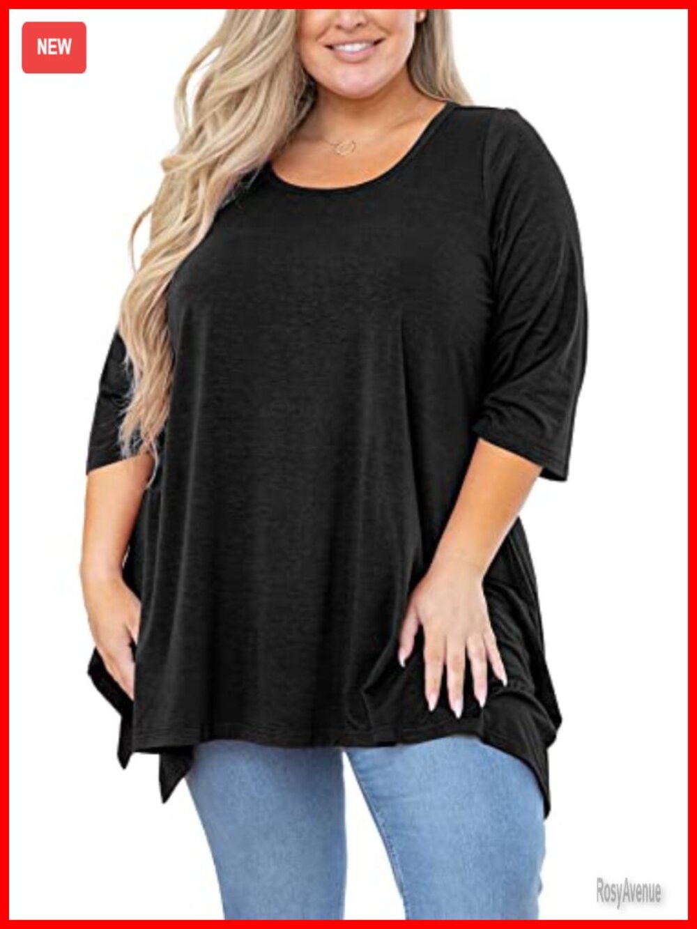 Plus Size Tunic Top 3/4 Sleeve Crew Neck Flowy Shirt Irregular Hem